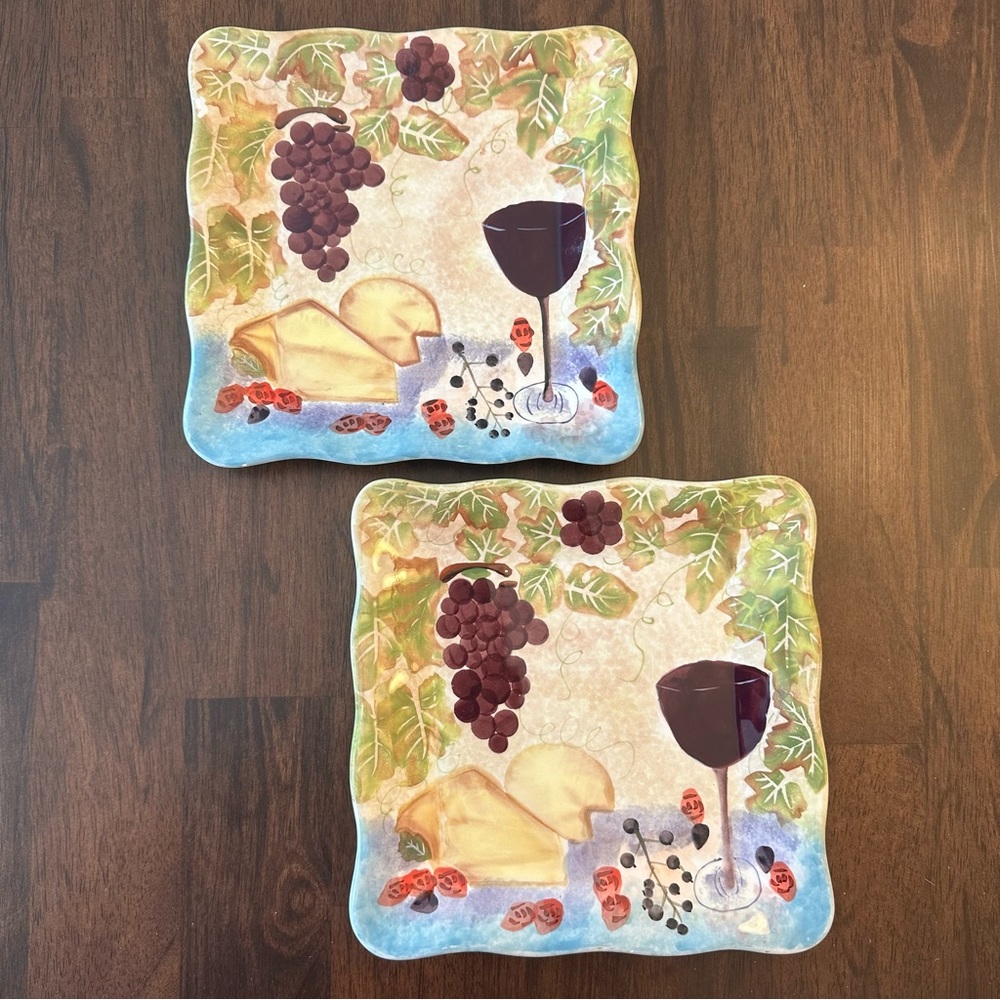 Set of 2 Nantucket Home Wine & Cheese Ceramic Square Plates